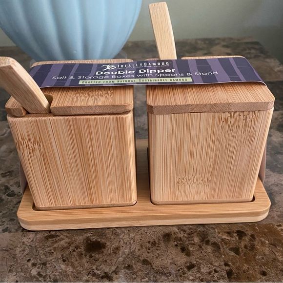 Totally Bamboo double dipper Salt & Storage boxes 6 oz each Kitchenware New - Picture 2 of 5